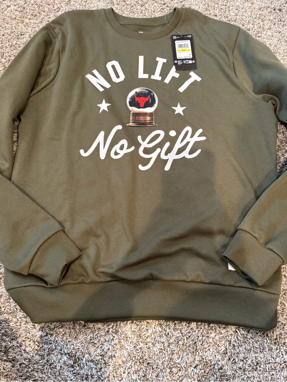 Under Armour Olive Green Crewneck Sweatshirt with 'No Gift' Graphic